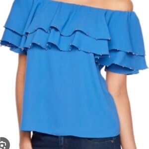 Jennifer Lopez Blue Ruffled Off-Shoulder Blouse